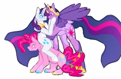 Size: 2048x1331 | Tagged: safe, artist:lockandkeyhyena, pinkie pie, rarity, twilight sparkle, alicorn, earth pony, pony, unicorn, g4, the last problem, colored sketch, crown, ethereal mane, ethereal tail, female, height difference, hoof shoes, imminent kissing, jewelry, lesbian, older, older pinkie pie, older rarity, older twilight, older twilight sparkle (alicorn), polyamory, princess twilight 2.0, rarilightpie, regalia, ship:rarilight, ship:raripie, ship:twinkie, shipping, simple background, sitting on person, sitting on pony, tail, trio, trio female, twilight sparkle (alicorn), white background, wingman