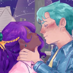 Size: 1280x1280 | Tagged: safe, artist:edgiest_jazzy, hitch trailblazer, pipp petals, human, g5, city, clothes, dark skin, ear piercing, earring, female, house, humanized, imminent kissing, jacket, jewelry, male, night, piercing, ship:pitch, shipping, shooting star, straight, streetlight
