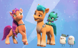 Size: 400x250 | Tagged: safe, screencap, hitch trailblazer, kenneth, sparky sparkeroni, steven, sunny starscout, bird, dragon, earth pony, pony, seagull, g5, my little pony: make your mark, my little pony: make your mark chapter 1, spoiler:g5, spoiler:my little pony: make your mark, animated, baby, baby dragon, critter magnet, cute, female, gif, hitchbetes, horses doing horse things, let's make our mark together, male, mane stripe sunny, nuzzling, papa hitch, shipping fuel, sparkybetes, stallion, sunnybetes