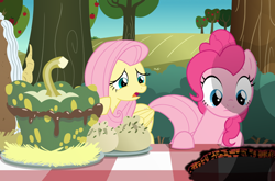 Size: 1024x675 | Tagged: safe, artist:queencold, fluttershy, pinkie pie, earth pony, pegasus, pony, g4, cake, contest, description is relevant, duo, female, food, hole, lava, mare, show accurate, table, traditional yak food