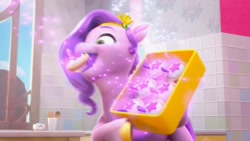 Size: 1268x716 | Tagged: safe, screencap, pipp petals, pegasus, pony, g5, my little pony: make your mark, my little pony: make your mark chapter 1, spoiler:my little pony: make your mark, cupcake, eating, female, food, mare, open mouth, solo