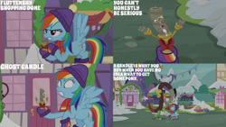 Size: 1280x720 | Tagged: safe, edit, edited screencap, editor:quoterific, screencap, discord, rainbow dash, draconequus, pegasus, pony, g4, my little pony best gift ever, beanie, clothes, duo, female, flying, gloves, hat, male, mare, open mouth, scarf, shrunken pupils, snow, spread wings, text, wings
