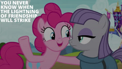 Size: 1280x720 | Tagged: safe, edit, edited screencap, editor:quoterific, screencap, maud pie, pinkie pie, earth pony, pony, g4, rock solid friendship, season 7, duo, female, mare, open mouth, open smile, smiling, text, twilight's castle
