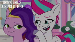 Size: 1280x720 | Tagged: safe, edit, edited screencap, editor:quoterific, screencap, pipp petals, zipp storm, pegasus, pony, g5, it's t.u.e.s. day, my little pony: tell your tale, spoiler:g5, spoiler:my little pony: tell your tale, spoiler:tyts01e09, duo, female, looking at each other, looking at someone, mare, open mouth, open smile, smiling, smiling at each other, text