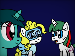 Size: 1024x768 | Tagged: safe, artist:danielthebrony57, fizzy, gusty, surprise, pegasus, pony, twinkle eyed pony, unicorn, g1, g4, adoraprise, angry, angry gusty, clothes, cute, dive mask, eye clipping through hair, eye contact, fake, fake vacation, female, fizzy is not amused, fizzybetes, fizzysad, flippers (gear), frown, g1 to g4, generation leap, german polynesian islands, girl fizzy, goggles, gusty is not amused, gustybetes, kidnapped, looking at each other, looking at someone, mare, narrowed eyes, sad, sadprise, surprise is not amused, swimsuit, talking, the new woody woodpecker show, trio, unamused, underwater surprise, vacation, woody woodpecker (series)