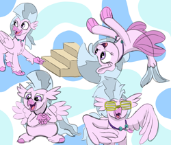 Size: 3541x2987 | Tagged: safe, artist:doodledonutart, silverstream, hippogriff, seapony (g4), g4, cute, diastreamies, female, happy, high res, jewelry, necklace, open mouth, open smile, shutter shades, smiling, spread wings, stairs, sunglasses, that hippogriff sure does love stairs, wings