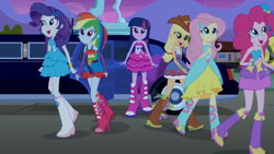 Size: 3410x1920 | Tagged: safe, screencap, applejack, fluttershy, pinkie pie, rainbow dash, rarity, spike, twilight sparkle, dog, equestria girls, g4, my little pony equestria girls, bare shoulders, belt, boots, bowtie, bracelet, clothes, cowboy boots, cowboy hat, cute, cutie mark on clothes, dashabetes, diapinkes, dress, eyes closed, fall formal outfits, female, hairpin, hat, high heel boots, high res, humane five, humane six, jewelry, limousine, mane six, night, open mouth, open smile, raised leg, shoes, sleeveless, smiling, spike the dog, statue, strapless, top hat, twiabetes, twilight ball dress, wings