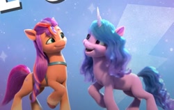 Size: 1002x632 | Tagged: safe, screencap, izzy moonbow, sunny starscout, earth pony, pony, unicorn, g5, my little pony: make your mark, my little pony: make your mark chapter 1, spoiler:g5, spoiler:my little pony: make your mark, blue background, cropped, cute, female, izzybetes, let's make our mark together, mane stripe sunny, mare, simple background, smiling