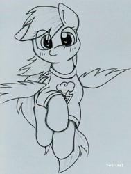 Size: 1958x2584 | Tagged: safe, artist:twiliset, rainbow dash, pegasus, pony, black and white, clothes, cute, flying, grayscale, heart, heart eyes, monochrome, one ear down, paper, simple background, smiling, solo, spread wings, traditional art, wingding eyes, wings