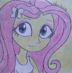 Size: 2427x2472 | Tagged: safe, artist:johnmarkee1995, fluttershy, human, equestria girls, g4, 2016, clothes, female, high res, solo, tank top, traditional art