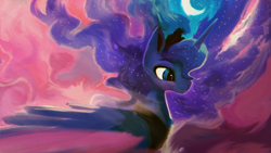 Size: 1920x1080 | Tagged: safe, artist:hierozaki, princess luna, alicorn, pony, abstract background, crescent moon, eyebrows, female, mare, moon, smiling, solo