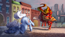 Size: 3490x2000 | Tagged: safe, artist:28gooddays, oc, oc only, oc:nova glow, earth pony, pony, unicorn, chase, city, cityscape, cloak, clothes, ear piercing, earring, female, glowing, glowing horn, horn, jewelry, leg rings, mare, piercing, tripping