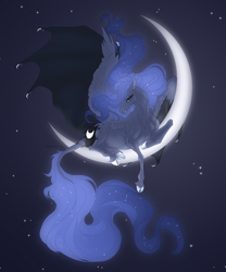 Size: 1000x1200 | Tagged: safe, artist:dementra369, princess luna, alicorn, pony, g4, cloven hooves, crescent moon, curved horn, ethereal mane, fangs, horn, hybrid wings, leonine tail, moon, solo, starry mane, tail, tangible heavenly object, wings