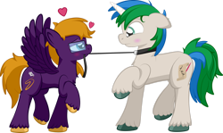 Size: 1920x1143 | Tagged: safe, artist:alexdti, oc, oc only, oc:purple creativity, oc:star logic, pegasus, pony, unicorn, bedroom eyes, blushing, chest fluff, commission, duo, duo male and female, ears back, eye contact, female, glasses, heart, hooves, horn, leash, looking at each other, looking at someone, male, mare, mouth hold, oc x oc, pegasus oc, pet play, raised hoof, raised leg, shipping, simple background, spread wings, stallion, standing on two hooves, tail, transparent background, two toned mane, two toned tail, unicorn oc, unshorn fetlocks, wings, your character here
