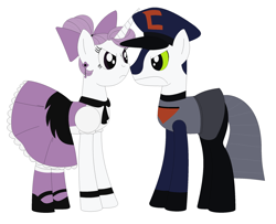 Size: 2216x1800 | Tagged: safe, pony, bow, clothes, crossover, dress, ear piercing, earring, escape from cluster prime, female, hair bow, hat, jewelry, male, mare, my life as a teenage robot, piercing, ponified, snarus, stallion, xj-4, xj-4 vs. snarus