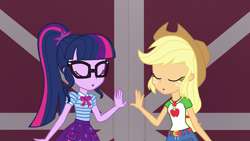 Size: 1920x1080 | Tagged: safe, screencap, applejack, sci-twi, twilight sparkle, human, equestria girls, equestria girls series, g4, holidays unwrapped, the cider louse fools, spoiler:eqg series (season 2), barn, belt, bowtie, clothes, cowboy hat, cutie mark on clothes, denim, denim skirt, duo, duo female, eyes closed, female, geode of super strength, geode of telekinesis, glasses, hat, jewelry, magical geodes, necklace, pendant, polo shirt, ponytail, shirt, skirt, stetson, t-shirt, whew