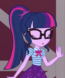 Size: 812x969 | Tagged: safe, screencap, sci-twi, twilight sparkle, human, equestria girls, equestria girls specials, g4, my little pony equestria girls: better together, my little pony equestria girls: holidays unwrapped, the cider louse fools, bow, clothes, cropped, cutie mark on clothes, eyes closed, geode of telekinesis, glasses, hand on door, jewelry, magical geodes, open mouth, pendant, phew, pocket, polo shirt, ponytail, sci-twi skirt, solo