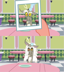 Size: 1080x1215 | Tagged: safe, artist:cloudy glow, artist:melisareb, artist:the smiling pony, edit, editor:phoenixflambe, idw, discord, draconequus, g4, g5, spoiler:comic, spoiler:g5comic, it begins, meme, old man discord, party pooper pants, photo, pony history, show accurate, spongebob squarepants, table, where do the years go