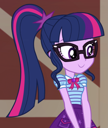 Size: 805x957 | Tagged: safe, screencap, sci-twi, twilight sparkle, human, equestria girls, equestria girls specials, g4, my little pony equestria girls: better together, my little pony equestria girls: holidays unwrapped, the cider louse fools, clothes, cropped, cute, cutie mark on clothes, geode of telekinesis, glasses, grin, jewelry, magical geodes, pendant, polo shirt, ponytail, sci-twiabetes, skirt, smiling, solo, twiabetes