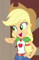 Size: 651x1000 | Tagged: safe, screencap, applejack, human, equestria girls, equestria girls series, g4, holidays unwrapped, the cider louse fools, spoiler:eqg series (season 2), applejack's hat, arm, belt, blonde hair, breasts, bust, clothes, collar, cowboy hat, cropped, cute, cutie mark on clothes, denim, denim skirt, female, freckles, geode of super strength, green eyes, hand on hip, happy, hat, jackabetes, jewelry, long hair, low ponytail, magical geodes, necklace, open mouth, open smile, orange skin, ponytail, shirt, skirt, smiling, solo, stetson, t-shirt, teenager, teeth