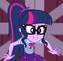 Size: 1031x990 | Tagged: safe, screencap, sci-twi, twilight sparkle, human, equestria girls, equestria girls series, g4, holidays unwrapped, the cider louse fools, spoiler:eqg series (season 2), bowtie, clothes, cropped, fingers, geode of telekinesis, glasses, grin, jewelry, magical geodes, pendant, pocket, polo shirt, ponytail, skirt, smiling, smirk, solo, teeth