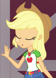Size: 677x935 | Tagged: safe, screencap, applejack, human, equestria girls, equestria girls series, g4, holidays unwrapped, the cider louse fools, spoiler:eqg series (season 2), belt, blonde hair, clothes, cowboy hat, cropped, cutie mark on clothes, denim, denim skirt, geode of super strength, hair tie, hat, jewelry, magical geodes, necklace, open mouth, orange skin, shirt, skirt, solo, stetson, t-shirt, whew