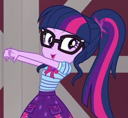 Size: 982x908 | Tagged: safe, screencap, sci-twi, twilight sparkle, human, equestria girls, equestria girls series, g4, holidays unwrapped, the cider louse fools, spoiler:eqg series (season 2), bowtie, clothes, cracking knuckles, cropped, cutie mark on clothes, geode of telekinesis, glasses, jewelry, looking at someone, magical geodes, open mouth, open smile, pendant, polo shirt, ponytail, skirt, smiling, solo, stretching