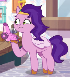 Size: 1323x1459 | Tagged: safe, screencap, pipp petals, pegasus, pony, dumpster diving, g5, my little pony: tell your tale, spoiler:g5, spoiler:my little pony: tell your tale, spoiler:tyts01e13, cropped, female, hair dryer, mare, solo