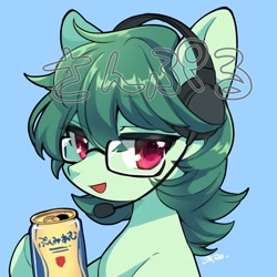 Size: 1668x1668 | Tagged: safe, artist:zakro, oc, oc only, earth pony, pony, blue background, drink, glasses, headset, hoof hold, japanese, looking at you, simple background