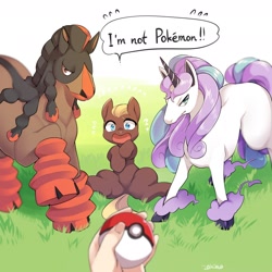 Size: 1800x1800 | Tagged: safe, artist:zakro, oc, oc only, earth pony, galarian rapidash, horse, mudsdale, pony, rapidash, unicorn, crossover, looking at you, poké ball, pokémon, speech bubble