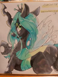 Size: 768x1024 | Tagged: safe, artist:zakro, queen chrysalis, changeling, changeling queen, g4, butt, commission, female, japanese, mare, plot, solo, traditional art
