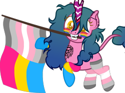 Size: 1229x908 | Tagged: safe, artist:yeetmedownthestairs, oc, oc only, oc:candy fae, kirin, clothes, commission, cute, demigirl, demigirl pride flag, ear piercing, earring, face paint, fangs, female, grin, jewelry, kirin oc, lip piercing, mouth hold, nose piercing, pansexual, pansexual pride flag, piercing, pride, pride flag, pride month, pride socks, raised hoof, simple background, smiling, socks, solo, striped socks, tattoo, transparent background, ych result