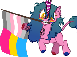Size: 1229x908 | Tagged: safe, alternate version, artist:yeetmedownthestairs, oc, oc only, oc:candy fae, kirin, commission, cute, demigirl, demigirl pride flag, ear piercing, earring, face paint, fangs, female, grin, jewelry, kirin oc, lip piercing, mouth hold, nose piercing, pansexual, pansexual pride flag, piercing, pride, pride flag, pride month, raised hoof, simple background, smiling, solo, tattoo, transparent background, ych result