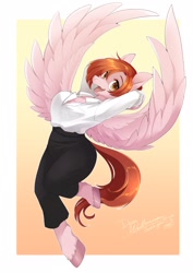 Size: 1448x2048 | Tagged: safe, artist:zakro, oc, oc only, oc:weathervane, pegasus, anthro, unguligrade anthro, clothes, female, looking at you, mare, simple background, solo, white background, wings