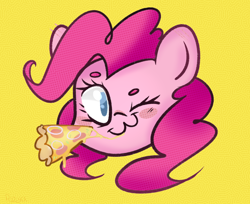 Size: 1740x1422 | Tagged: safe, artist:pozya1007, pinkie pie, earth pony, pony, g4, :3, beanbrows, bust, eyebrows, food, head only, no pupils, one eye closed, pizza, portrait, solo, wink