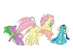 Size: 1000x667 | Tagged: safe, artist:gor1ck, fluttershy, princess ember, spike, dragon, pegasus, pony, g4, angry, butt, colored wings, colored wingtips, dock, dragoness, emanata, eyes closed, feathered fetlocks, female, flutterbutt, gritted teeth, male, mare, plot, scared, shivering, simple background, stare, tail, tail pull, teeth, the stare, white background, wings