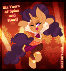 Size: 3600x3900 | Tagged: safe, artist:snakeythingy, saffron masala, pony, unicorn, g4, anniversary, bipedal, dancer, female, gradient background, high res, mare, one eye closed, open mouth, open smile, signature, smiling, wink