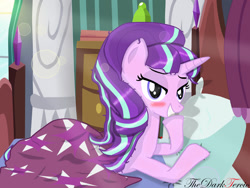 Size: 1280x960 | Tagged: safe, artist:thedarktercio, starlight glimmer, pony, unicorn, g4, bed, blushing, cute, female, looking at you, messy mane, morning ponies, on bed, s5 starlight, smiling, smiling at you, solo