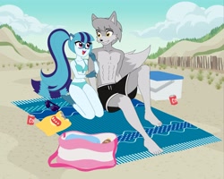 Size: 4062x3243 | Tagged: safe, artist:rileyav, sonata dusk, oc, raccoon, wolf, anthro, plantigrade anthro, g4, beach, beach blanket, bikini, breasts, canon x furry, canon x oc, chips, cleavage, clothes, cooler, female, food, furry, furry oc, looking at each other, looking at someone, male, potato chips, shipping, soda can, straight, swimming trunks, swimsuit