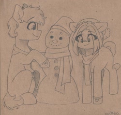 Size: 2268x2160 | Tagged: safe, artist:ev04ka, artist:ev04kaa, oc, oc only, oc:aquarius, oc:eva, earth pony, pony, rcf community, cat tail, clothes, couple, female, hat, high res, male, scarf, snowman, tail, traditional art