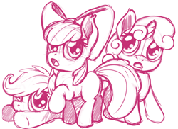 Size: 1000x727 | Tagged: safe, artist:pusspuss, apple bloom, scootaloo, sweetie belle, earth pony, pegasus, pony, unicorn, g4, butt, cutie mark crusaders, female, filly, foal, plot