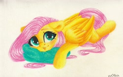 Size: 2560x1611 | Tagged: safe, artist:ev04ka, artist:ev04kaa, fluttershy, pegasus, pony, rcf community, g4, female, floppy ears, folded wings, high res, looking at you, lying down, mare, pillow, prone, solo, traditional art, wings