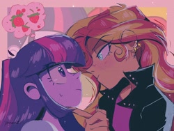 Size: 2048x1536 | Tagged: safe, artist:dreamz, sunset shimmer, twilight sparkle, equestria girls, equestria girls (movie), clothes, duo, ear piercing, earring, female, food, hand on chin, jacket, jewelry, leather jacket, looking at each other, looking at someone, piercing, scene interpretation, shirt, strawberry, sweat, sweatdrop, t-shirt