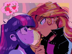 Size: 2048x1536 | Tagged: safe, alternate version, artist:dreamz, sunset shimmer, twilight sparkle, human, equestria girls, equestria girls (movie), clothes, duo, ear piercing, earring, female, food, hand on chin, jacket, jewelry, leather jacket, looking at each other, looking at someone, piercing, scene interpretation, shirt, strawberry, sweat, sweatdrop, t-shirt