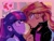 Size: 2048x1536 | Tagged: safe, alternate version, artist:dreamz, sunset shimmer, twilight sparkle, human, equestria girls, g4, my little pony equestria girls, clothes, duo, ear piercing, earring, female, food, hand on chin, jacket, jewelry, leather jacket, looking at each other, looking at someone, piercing, scene interpretation, shirt, strawberry, sweat, sweatdrop, t-shirt