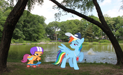 Size: 6640x4024 | Tagged: safe, artist:chrisgotjar, artist:dashiesparkle, artist:hubfanlover678, rainbow dash, scootaloo, pegasus, pony, g4, female, filly, foal, irl, mare, photo, ponies in real life, scooter