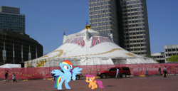 Size: 8272x4248 | Tagged: safe, artist:dashiesparkle, artist:deratrox, artist:hubfanlover678, rainbow dash, scootaloo, pegasus, pony, g4, circus, irl, photo, ponies in real life