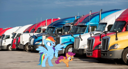 Size: 8112x4376 | Tagged: safe, artist:90sigma, artist:dashiesparkle, artist:hubfanlover678, rainbow dash, scootaloo, pegasus, pony, g4, female, filly, foal, freightliner, irl, kenworth, mare, photo, ponies in real life, truck, western star