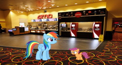 Size: 8208x4360 | Tagged: safe, artist:dashiesparkle, artist:hubfanlover678, rainbow dash, scootaloo, pegasus, pony, g4, amc, cinema, female, filly, foal, irl, mare, photo, ponies in real life