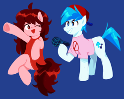 Size: 1982x1582 | Tagged: safe, artist:superkirbylover, earth pony, pony, arrow, bf and gf (friday night funkin), blue background, boyfriend (friday night funkin), cap, clothes, crossover, dress, duo, female, friday night funkin', girlfriend (friday night funkin), hat, male, mare, microphone, music notes, one eye closed, shirt, simple background, sitting, smiling, stallion, wink